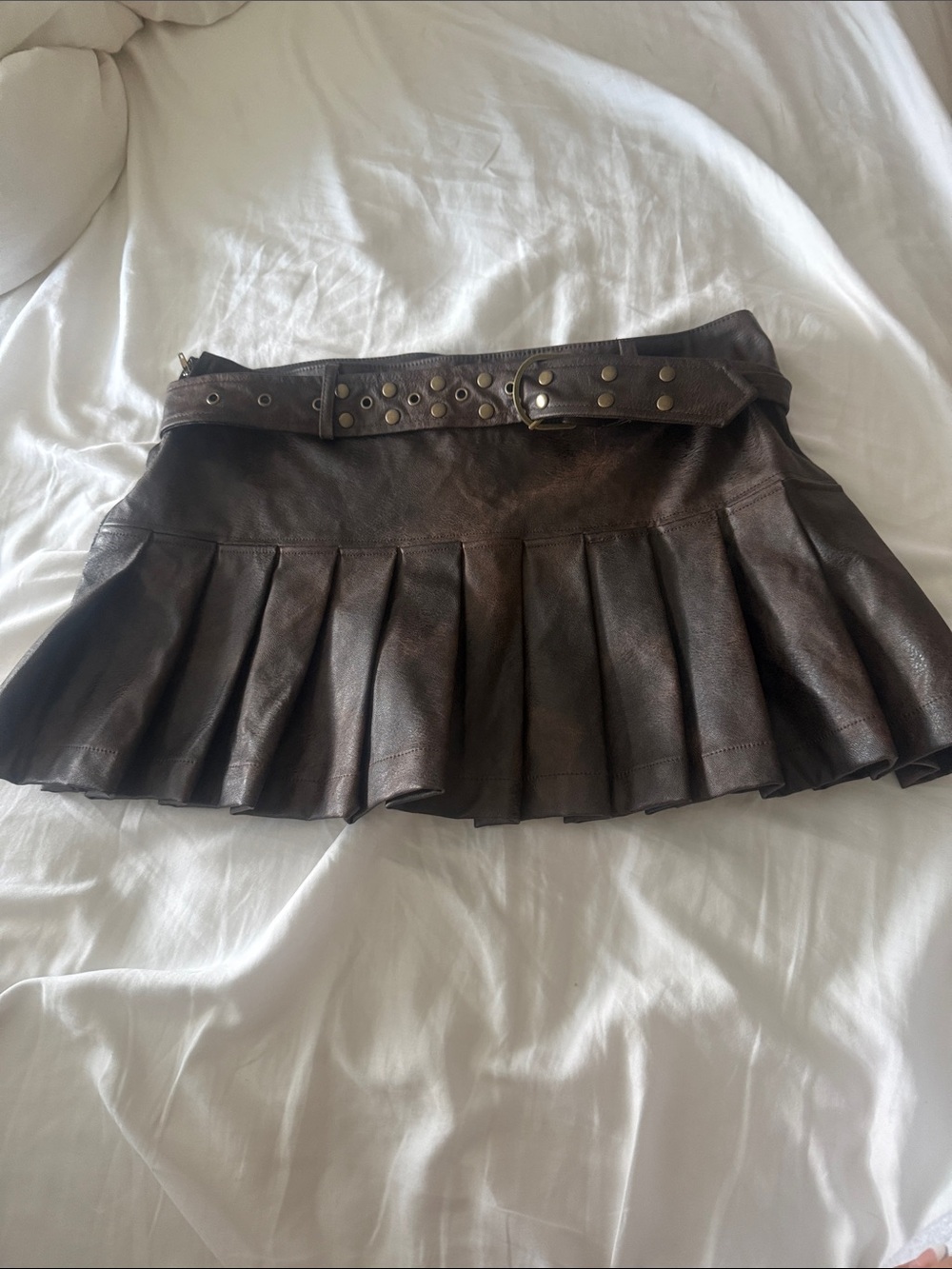 Fashion Nova Dark Brown Pleated Leather Mini Skirt with Studded Belt